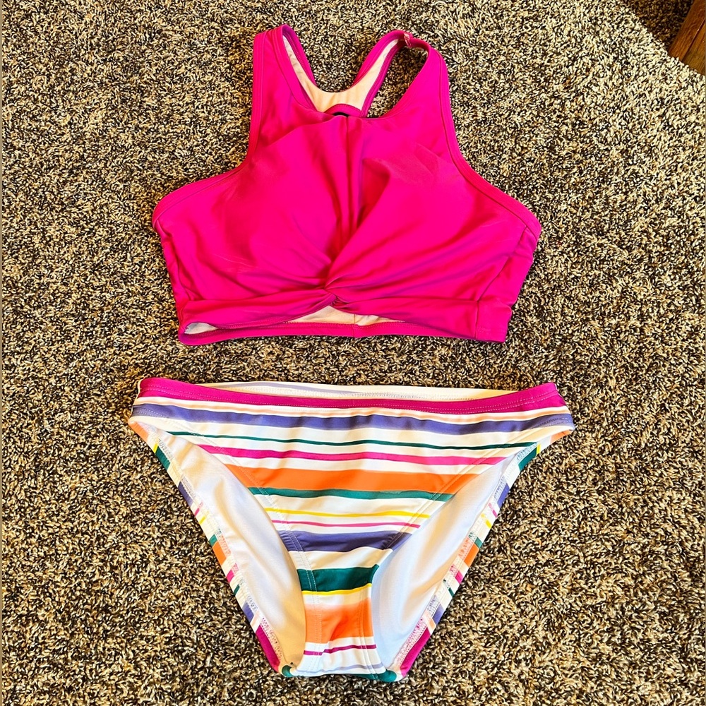 Women’s Pink Twist-Front Swim Top with Multicolor Stripe Bikini Bottom